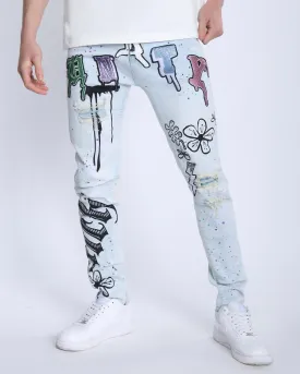 Light Washed Blue Ripped Jeans with Comic Painted-Mexico Local Delivery