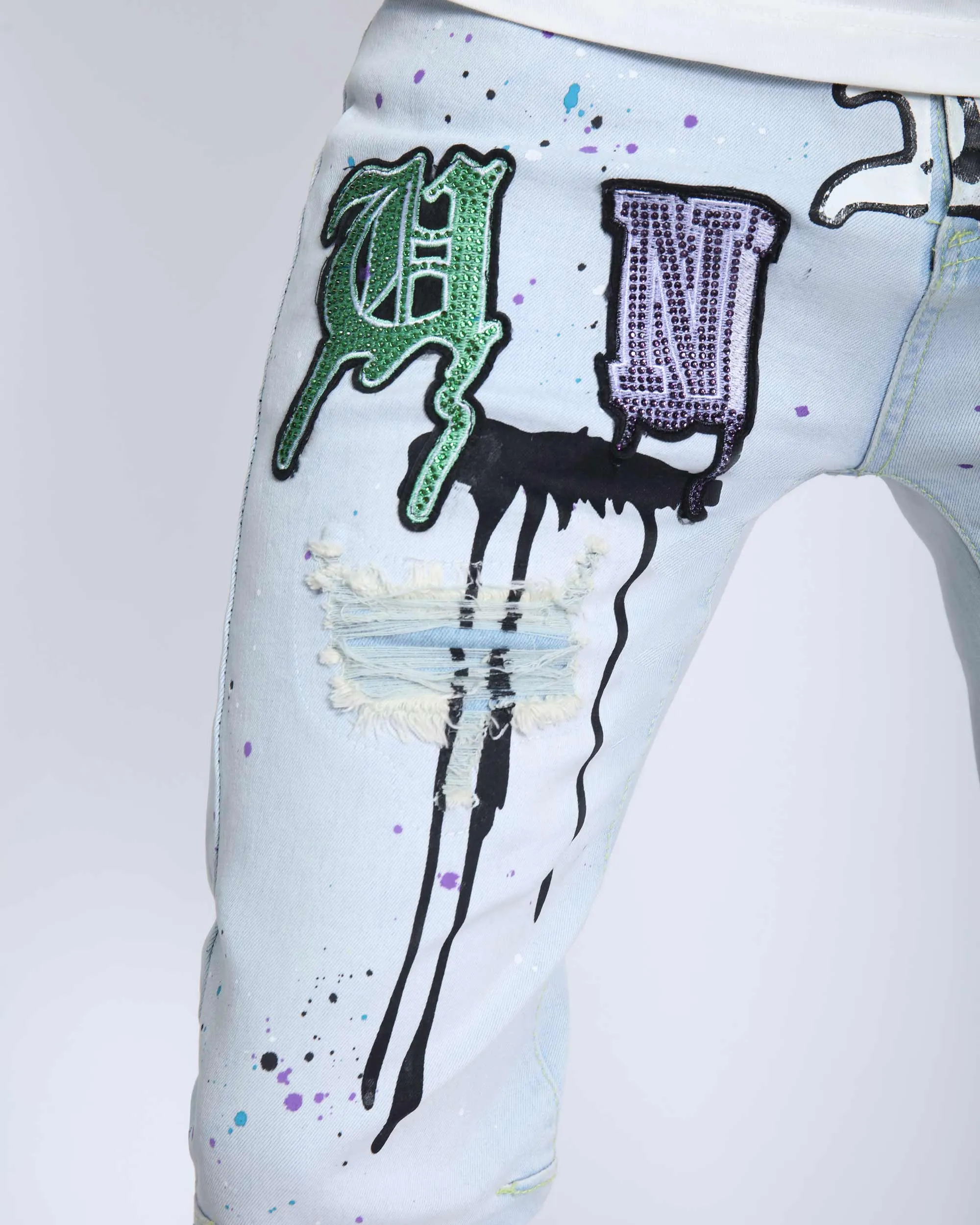 Light Washed Blue Ripped Jeans with Comic Painted-Mexico Local Delivery
