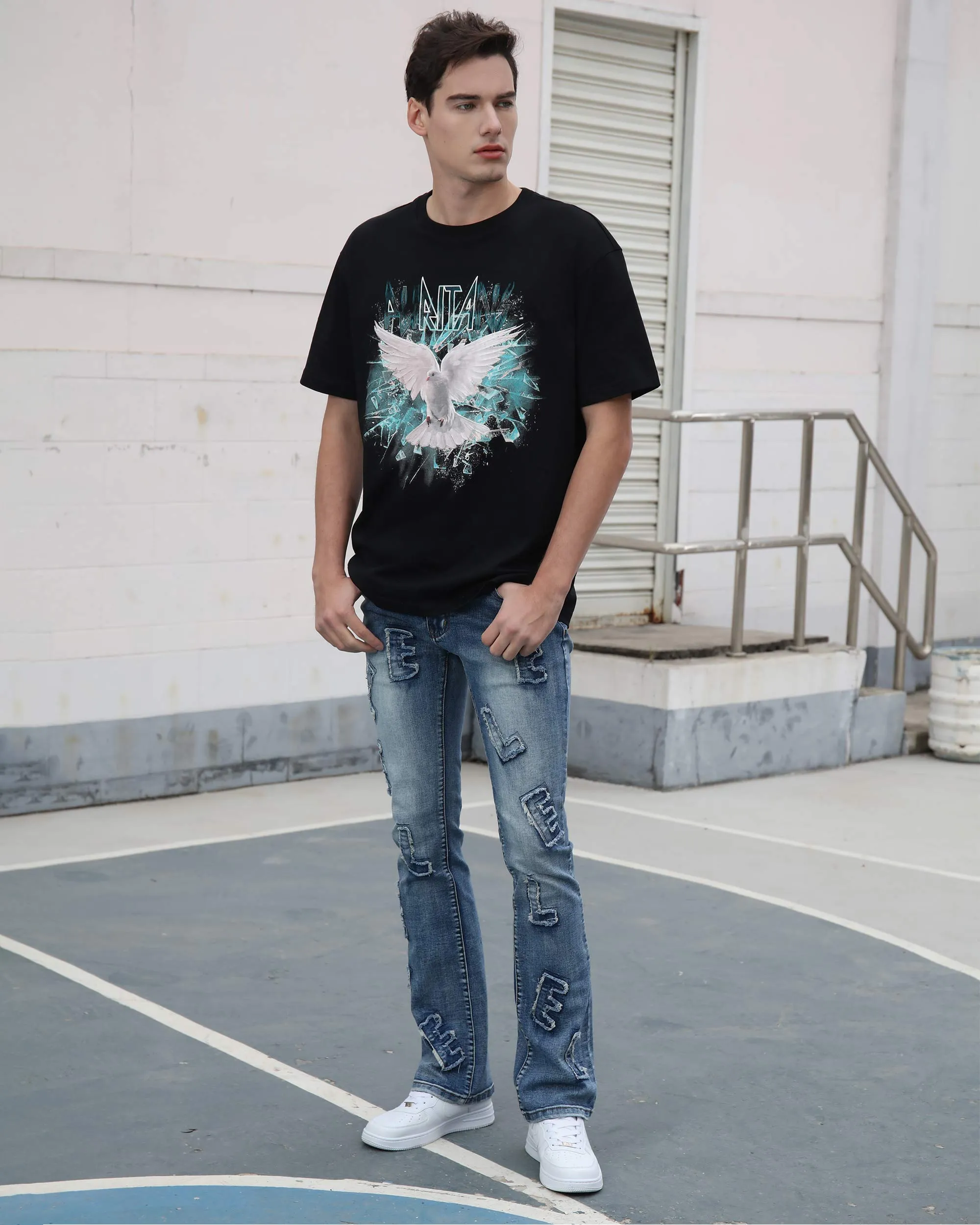 Medium Wash Blue Jeans with Ripped Text