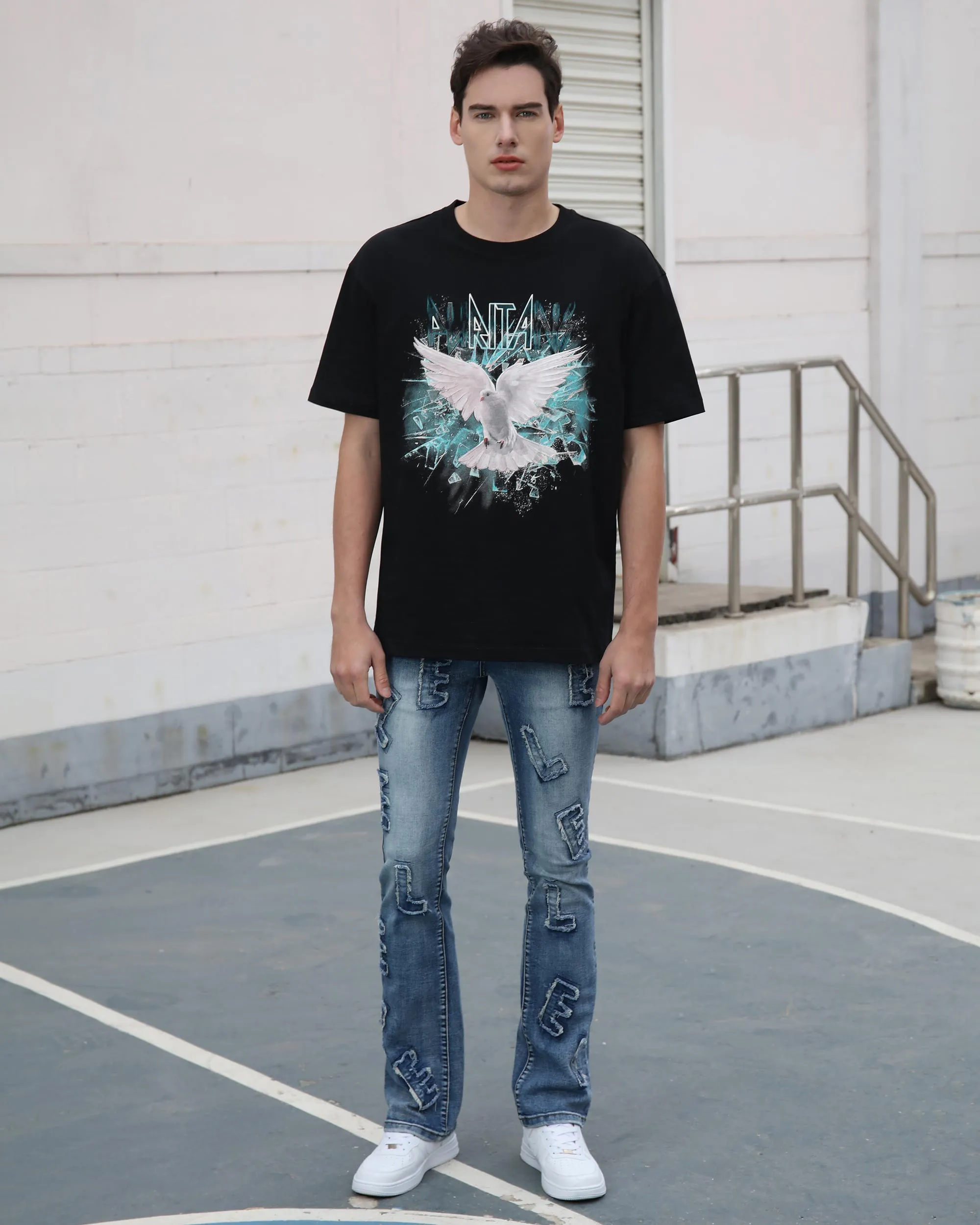 Medium Wash Blue Jeans with Ripped Text