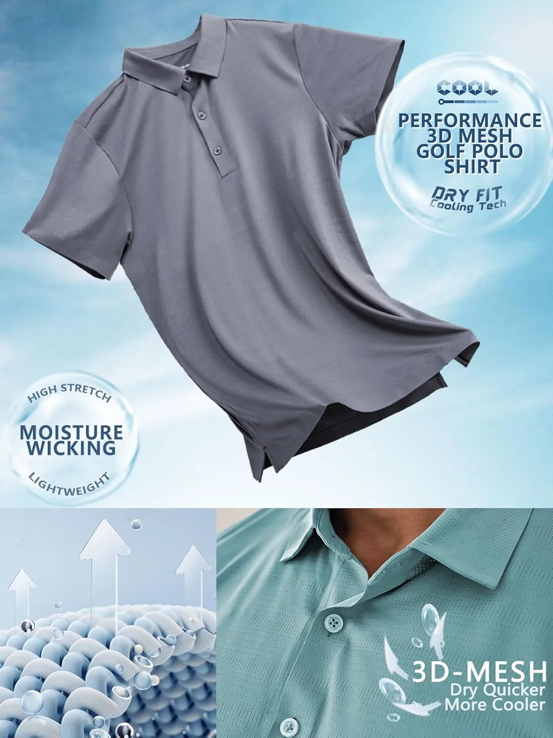Mens Dry Fit Golf Shirt Performance Polo Short Sleeve Athletic Collared Mesh Shirt Moisture Wicking Seamless Tech