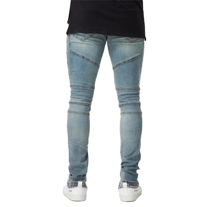 Men's Ripped Patch Jeans Basic Pleated Jeans Mid Waist Straight Pants