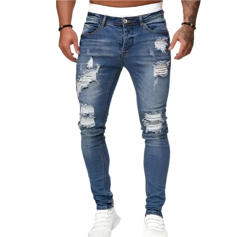 Men's Ripped Skinny Jeans - Vintage Wash Streetwear Slim Fit Denim Pants, Casual Solid Pencil Trousers, Hot Sale