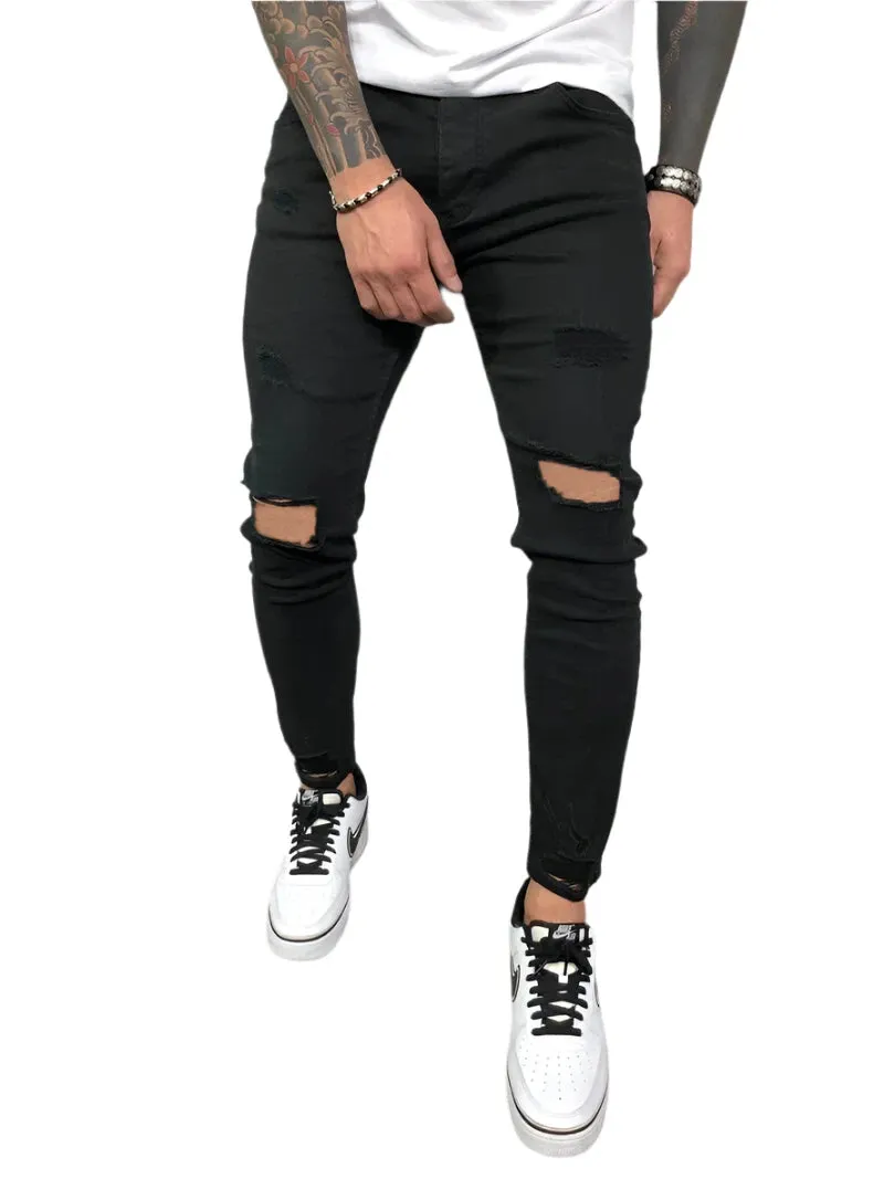 Men's Ripped Skinny Jeans - Vintage Wash Streetwear Slim Fit Denim Pants, Casual Solid Pencil Trousers, Hot Sale