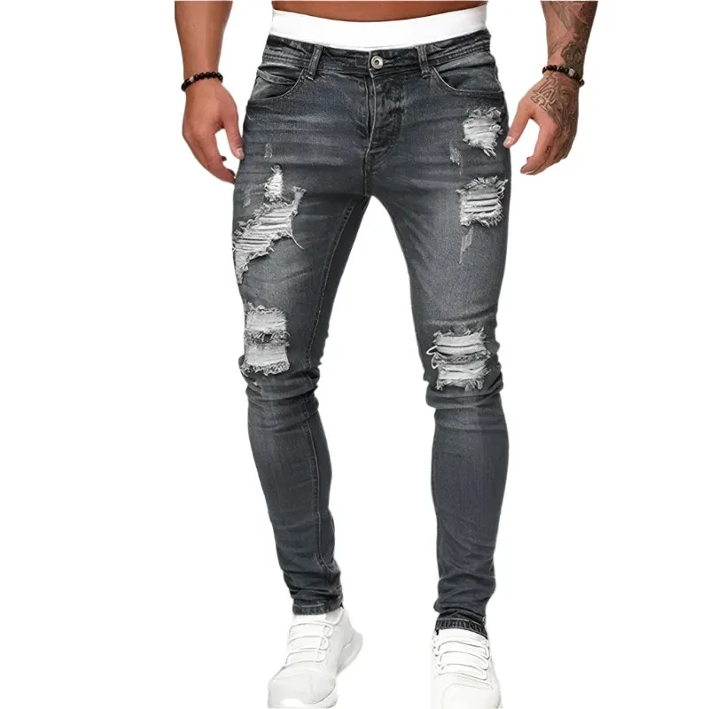 Men's Ripped Skinny Jeans - Vintage Wash Streetwear Slim Fit Denim Pants, Casual Solid Pencil Trousers, Hot Sale