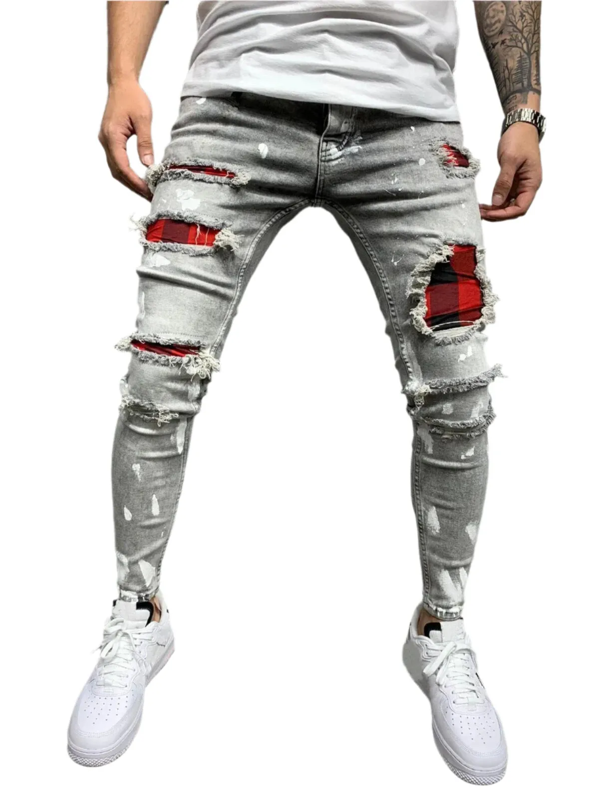 Men's Ripped Skinny Jeans - Vintage Wash Streetwear Slim Fit Denim Pants, Casual Solid Pencil Trousers, Hot Sale