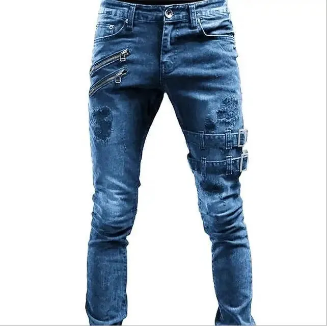 Men's Ripped Skinny Jeans - Vintage Wash Streetwear Slim Fit Denim Pants, Casual Solid Pencil Trousers, Hot Sale