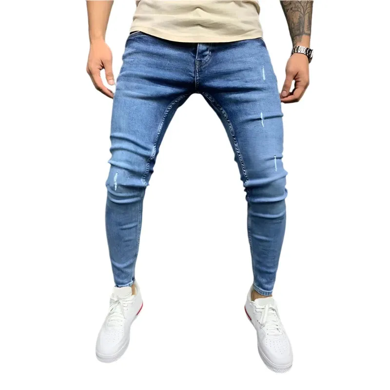 Men's Ripped Skinny Jeans - Vintage Wash Streetwear Slim Fit Denim Pants, Casual Solid Pencil Trousers, Hot Sale