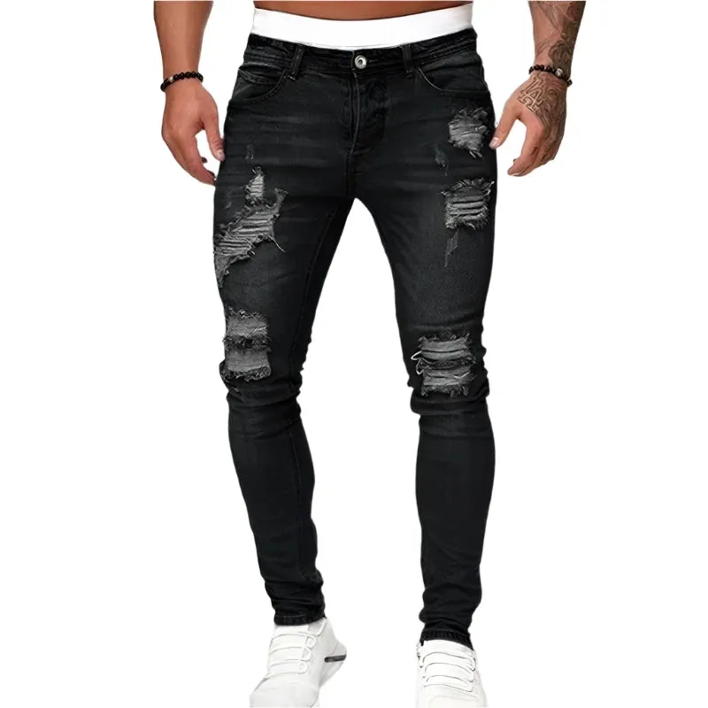 Men's Ripped Skinny Jeans - Vintage Wash Streetwear Slim Fit Denim Pants, Casual Solid Pencil Trousers, Hot Sale