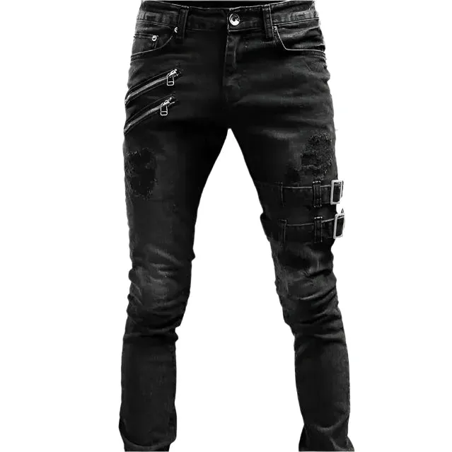 Men's Ripped Skinny Jeans - Vintage Wash Streetwear Slim Fit Denim Pants, Casual Solid Pencil Trousers, Hot Sale