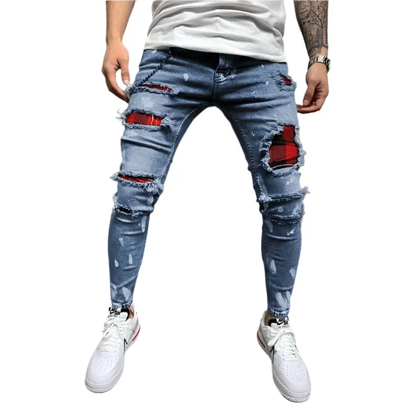 Men's Ripped Skinny Jeans - Vintage Wash Streetwear Slim Fit Denim Pants, Casual Solid Pencil Trousers, Hot Sale