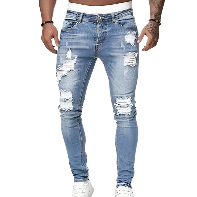 Men's Ripped Skinny Jeans - Vintage Wash Streetwear Slim Fit Denim Pants, Casual Solid Pencil Trousers, Hot Sale