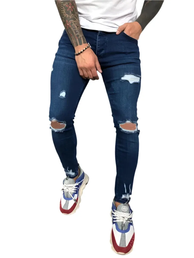 Men's Ripped Skinny Jeans - Vintage Wash Streetwear Slim Fit Denim Pants, Casual Solid Pencil Trousers, Hot Sale