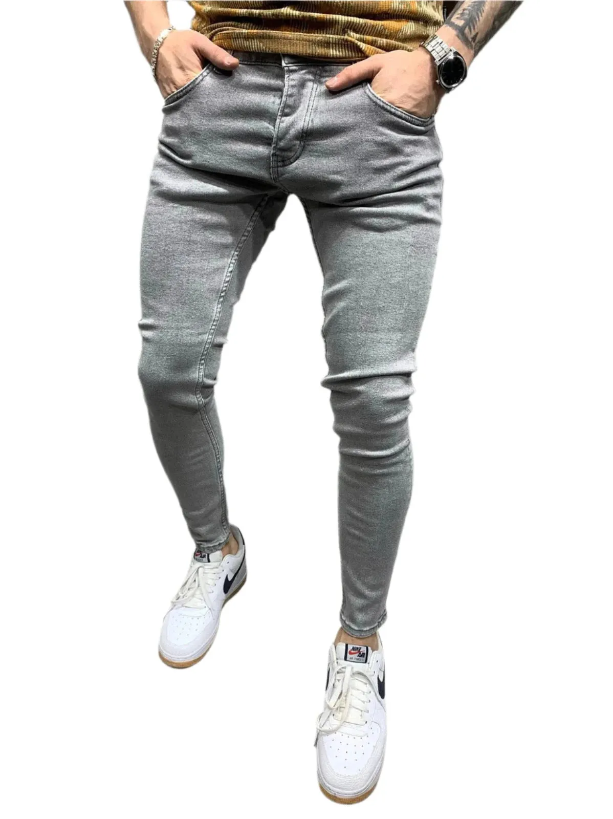 Men's Ripped Skinny Jeans - Vintage Wash Streetwear Slim Fit Denim Pants, Casual Solid Pencil Trousers, Hot Sale