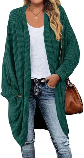 MEROKEETY Women's 2025 Fall Waffle Knit Batwing Long Sleeve Cardigan Loose Open Front Sweater Coat