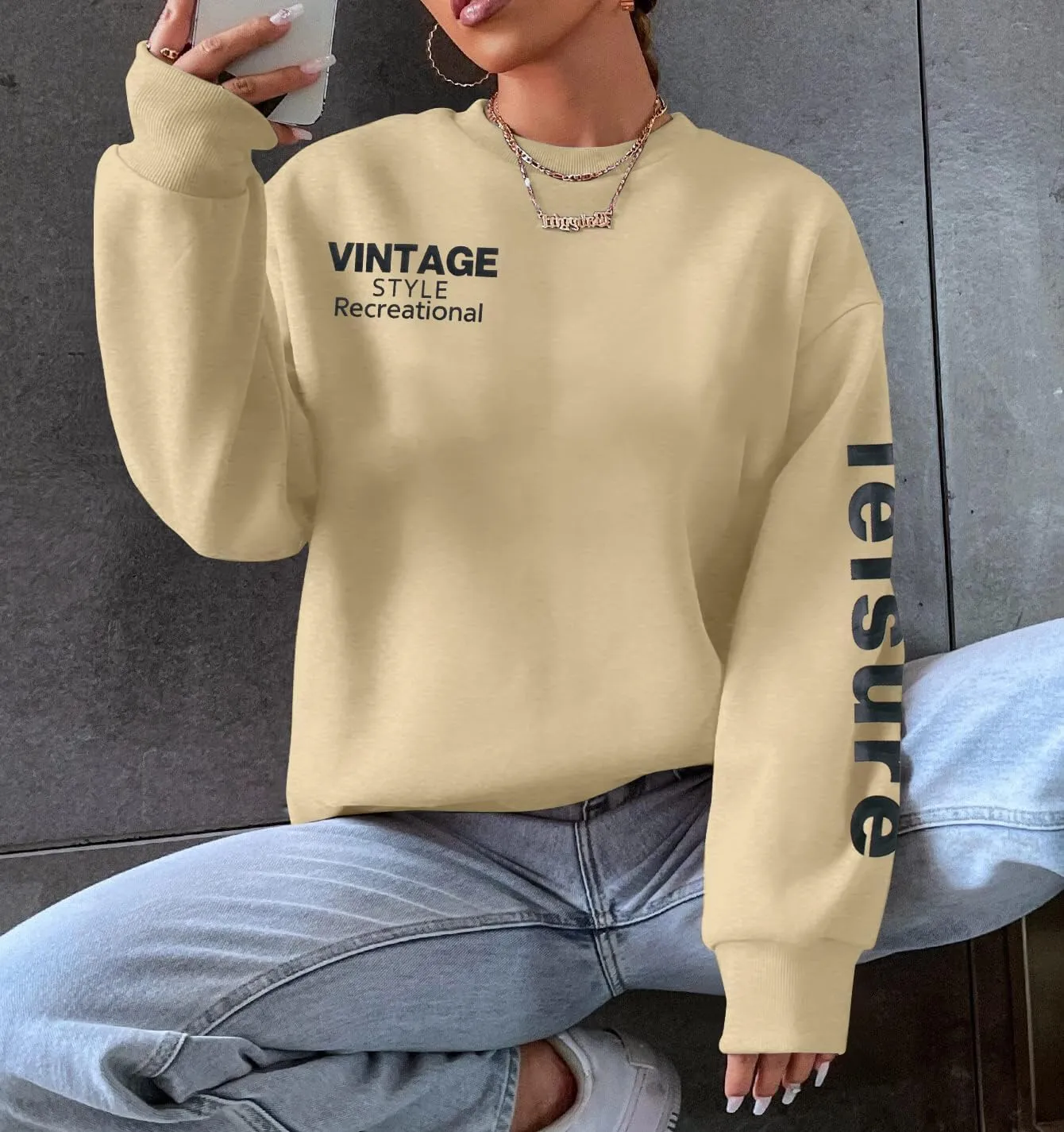 MYHALF Oversized Sweatshirt Women Crewneck Shirt: Long Sleeve Graphic Sweater Cute Letter Print Soft Pullover Tops Loose Fit