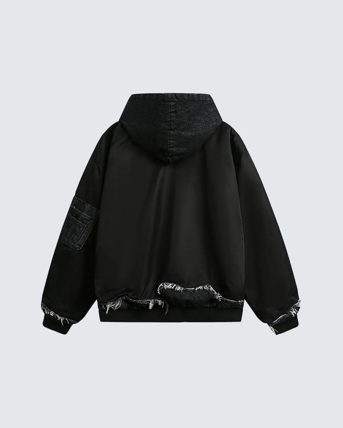 Oversized Black Bomber Jacket with Hood and Distressed Detailing