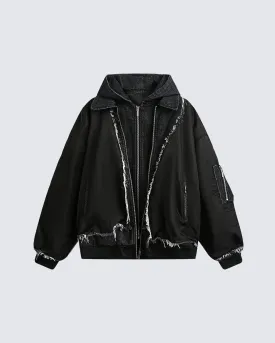Oversized Black Bomber Jacket with Hood and Distressed Detailing
