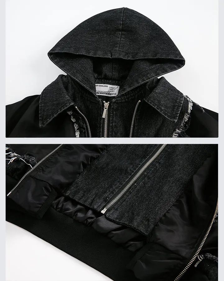 Oversized Black Bomber Jacket with Hood and Distressed Detailing