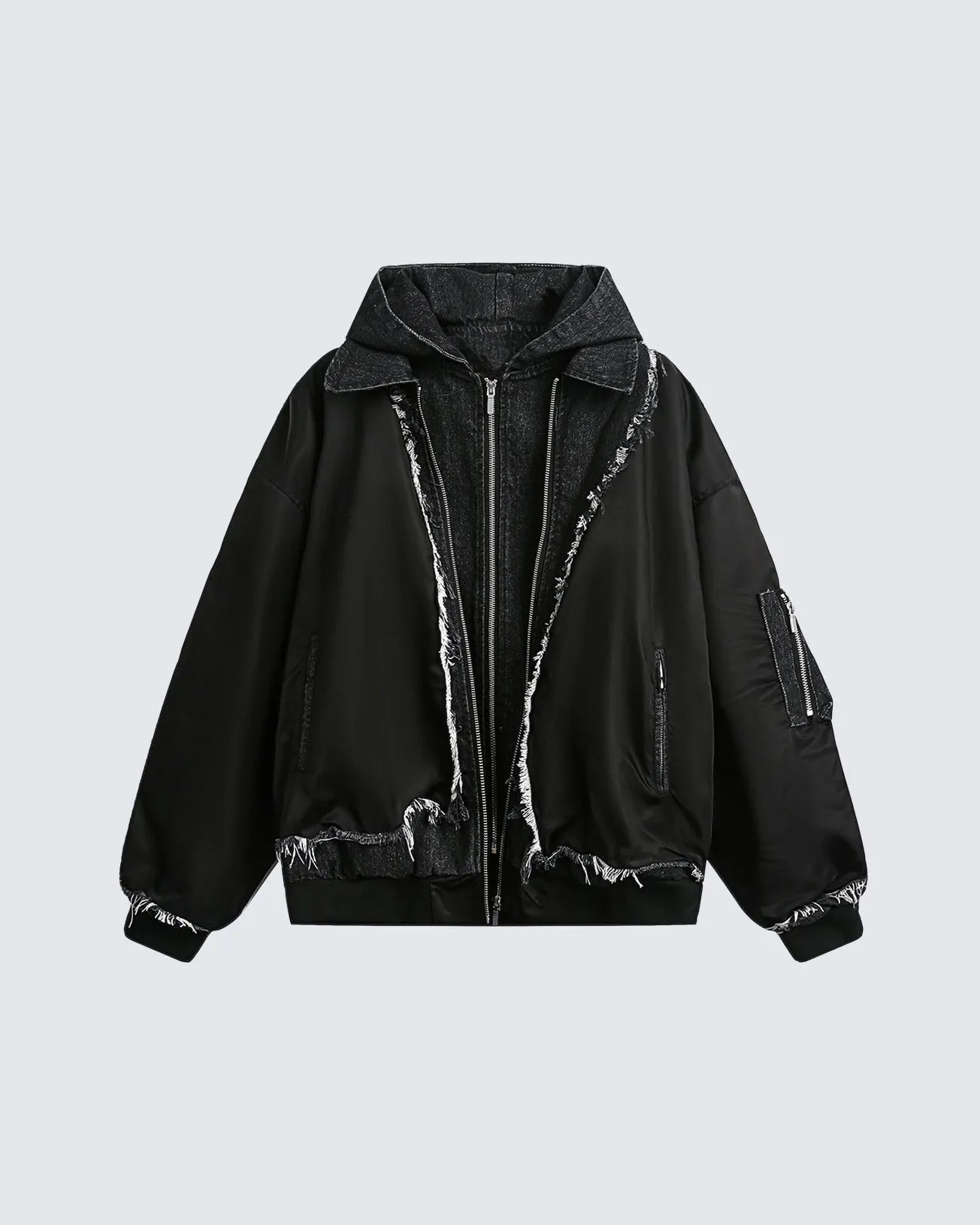 Oversized Black Bomber Jacket with Hood and Distressed Detailing