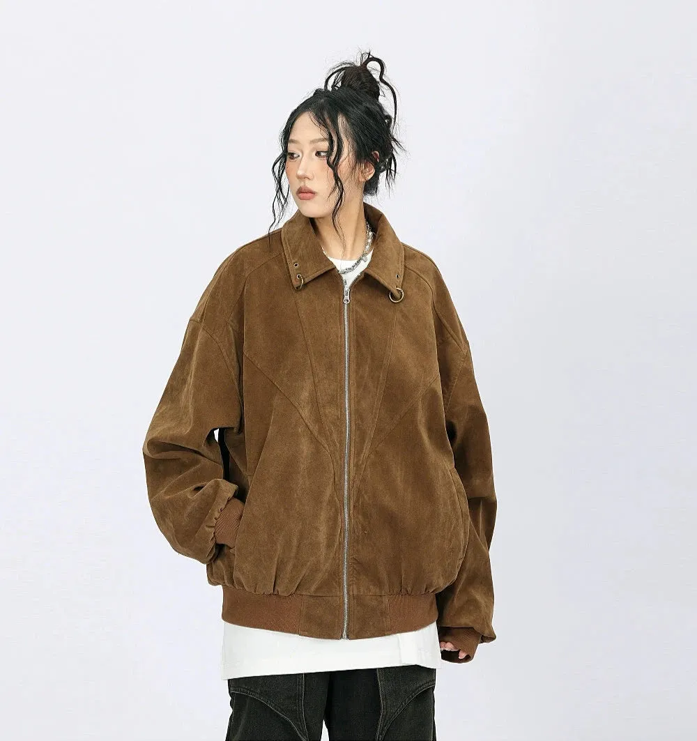 Oversized Suede Bomber Jacket with Ring Details
