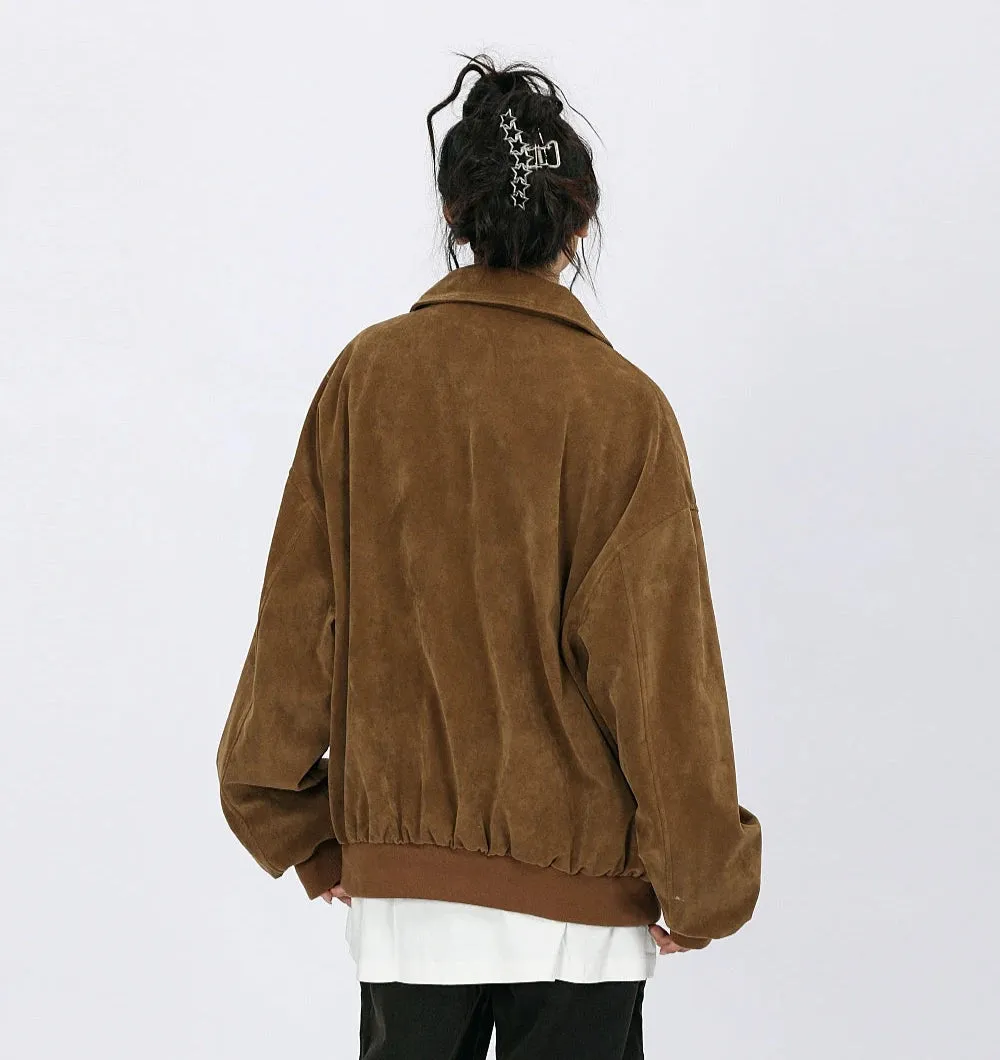 Oversized Suede Bomber Jacket with Ring Details