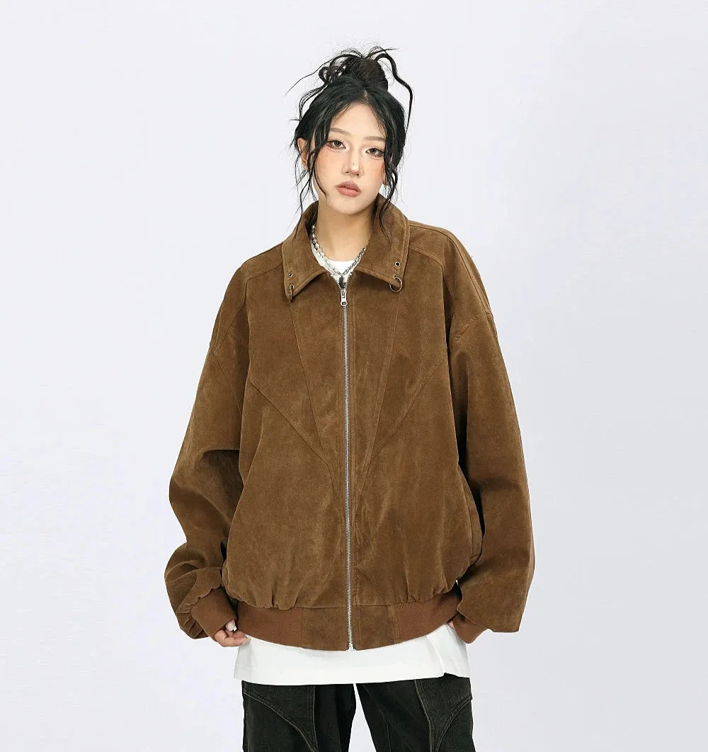 Oversized Suede Bomber Jacket with Ring Details
