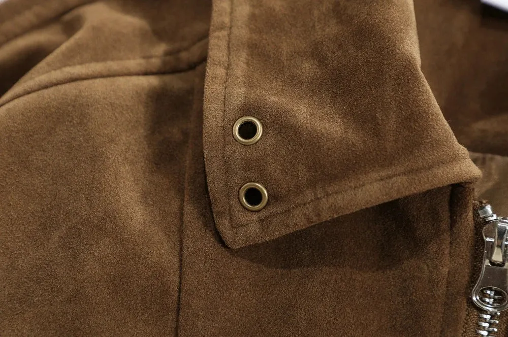 Oversized Suede Bomber Jacket with Ring Details