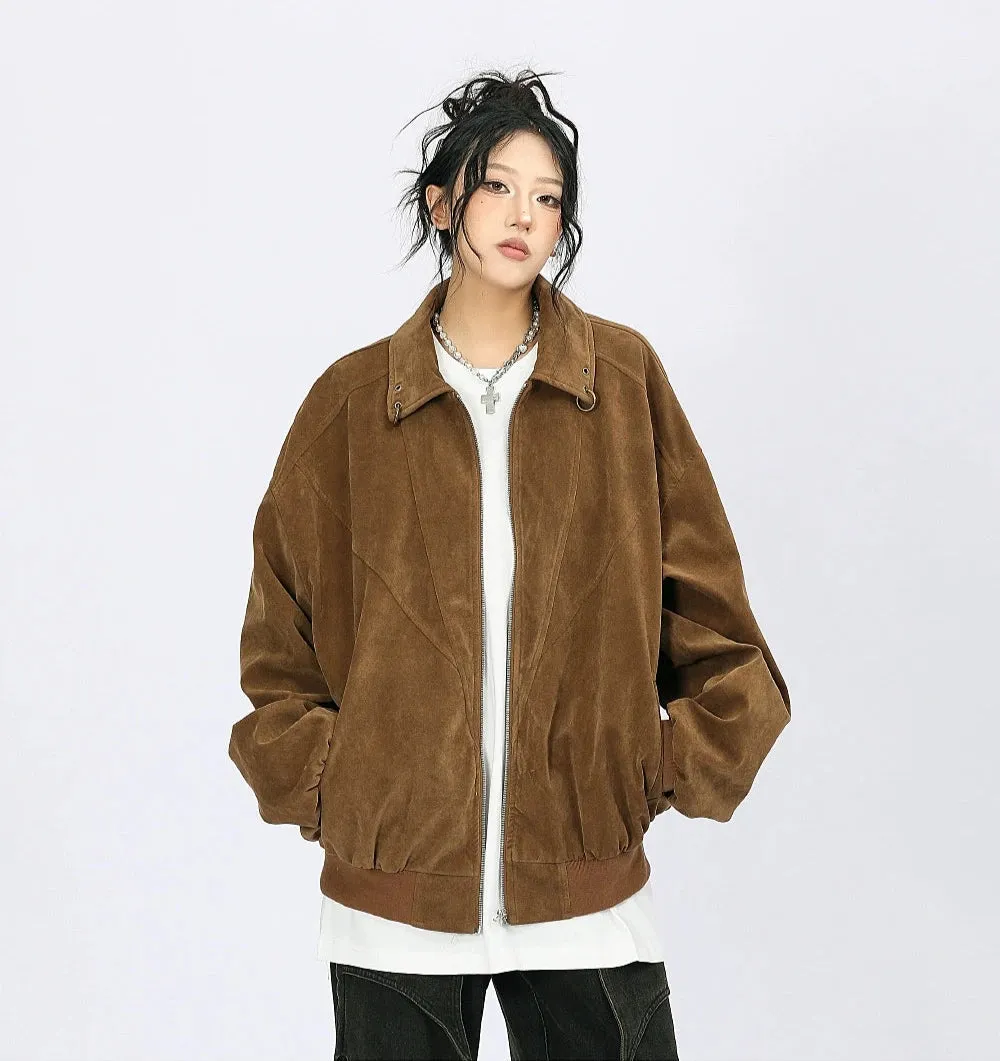 Oversized Suede Bomber Jacket with Ring Details