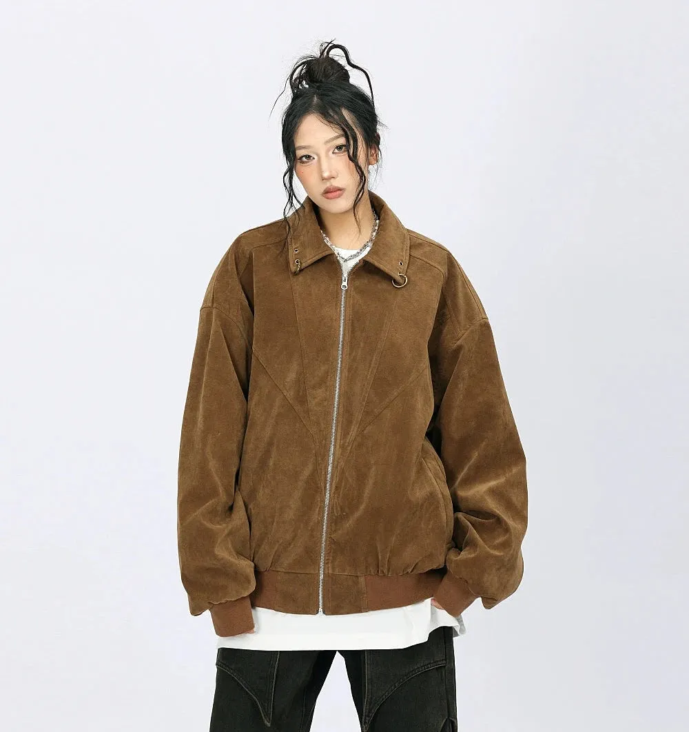 Oversized Suede Bomber Jacket with Ring Details