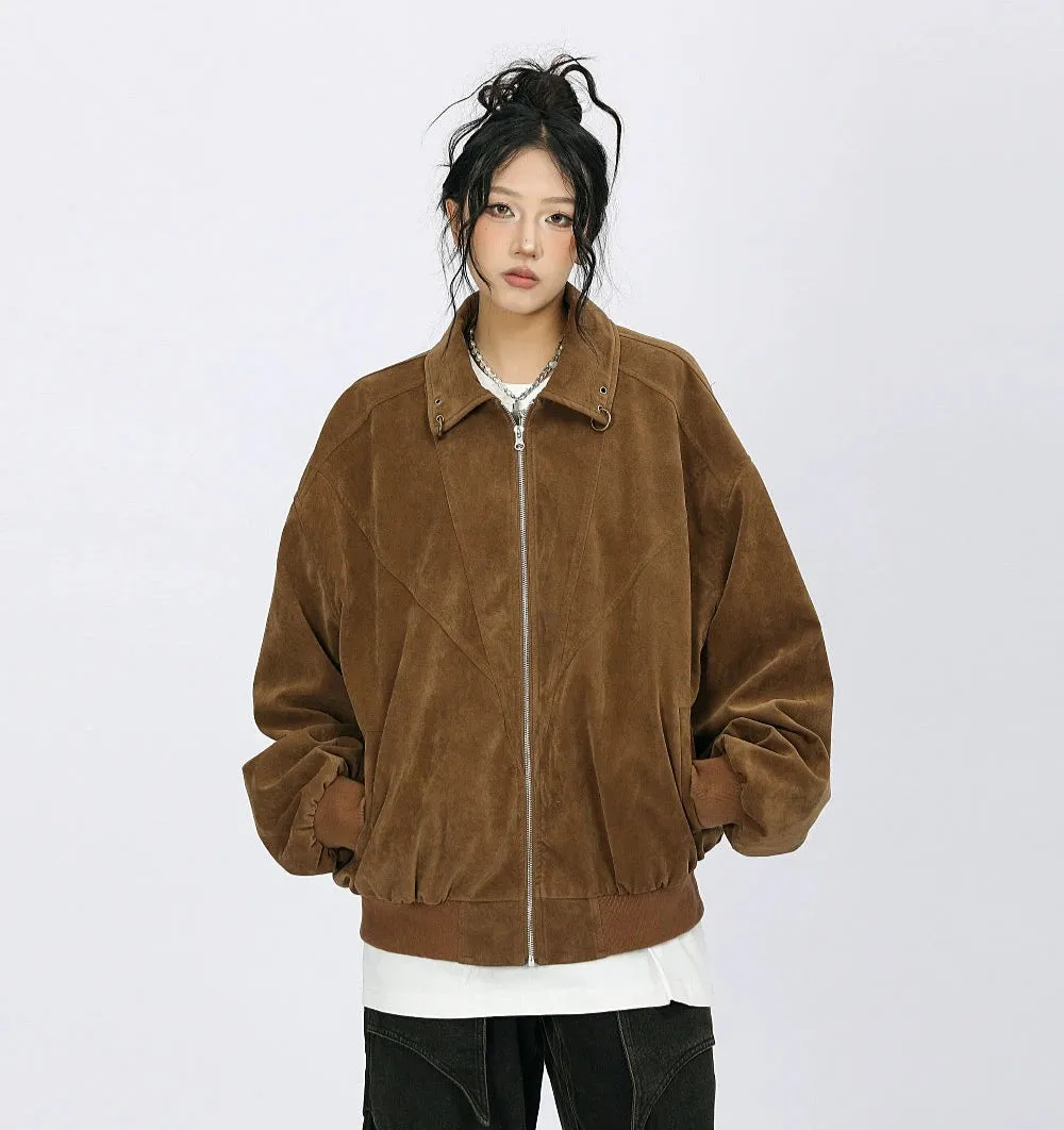 Oversized Suede Bomber Jacket with Ring Details