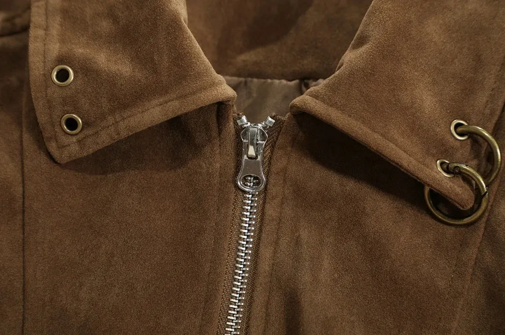 Oversized Suede Bomber Jacket with Ring Details