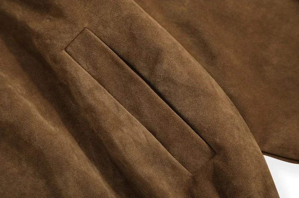 Oversized Suede Bomber Jacket with Ring Details