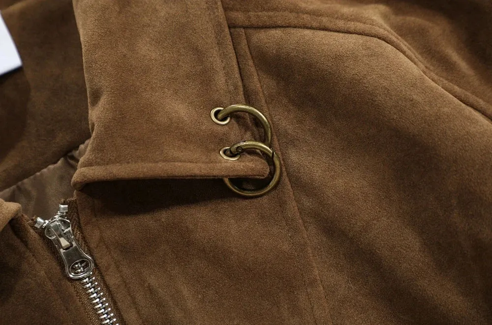 Oversized Suede Bomber Jacket with Ring Details