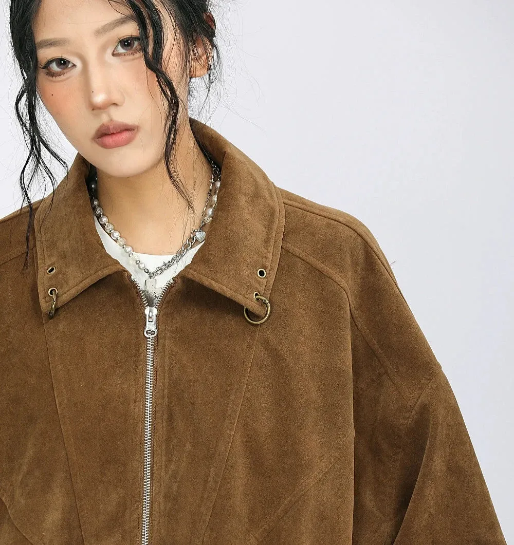 Oversized Suede Bomber Jacket with Ring Details