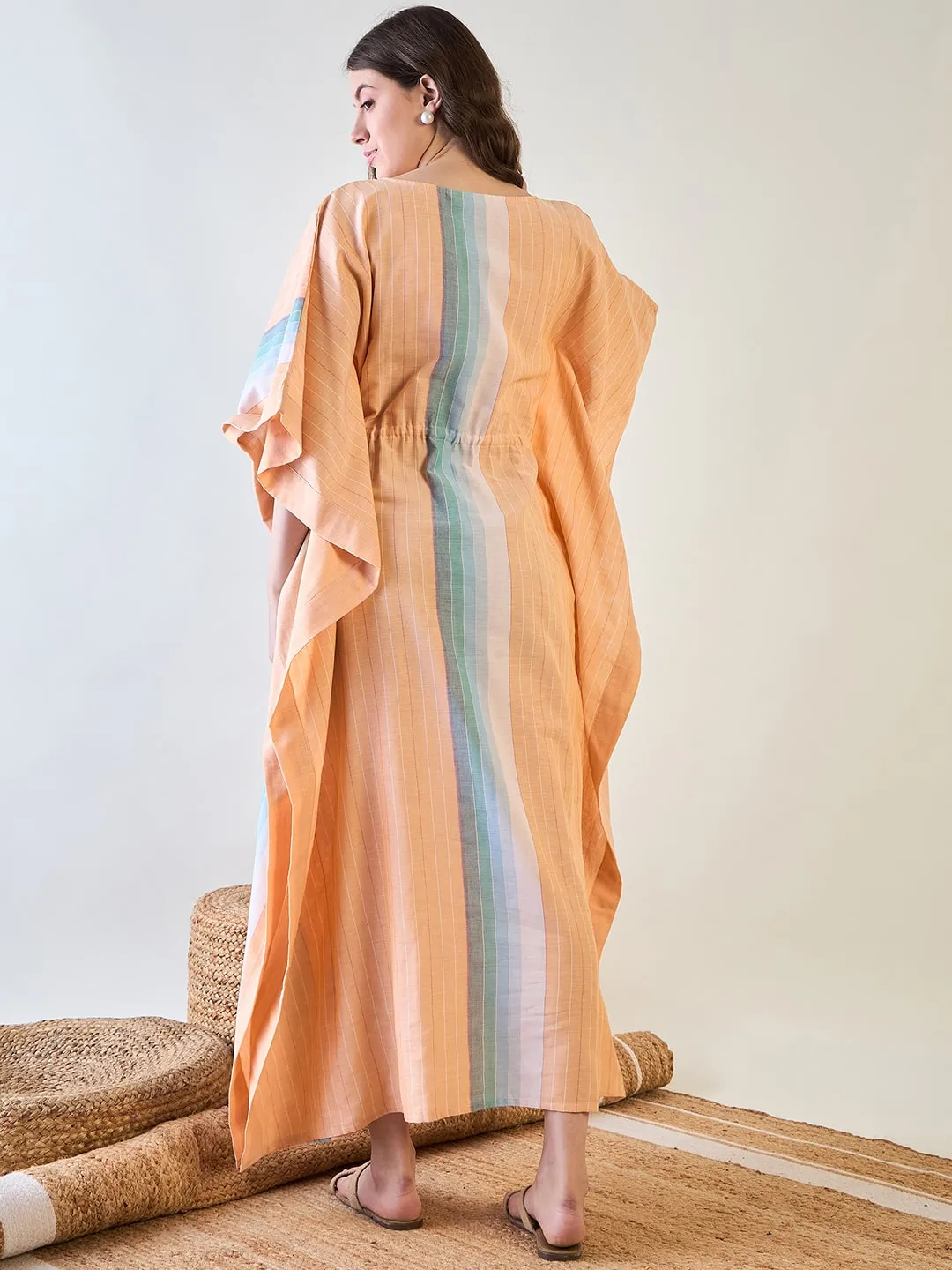 Peach Striped Cotton Kaftan with Tassel Detail