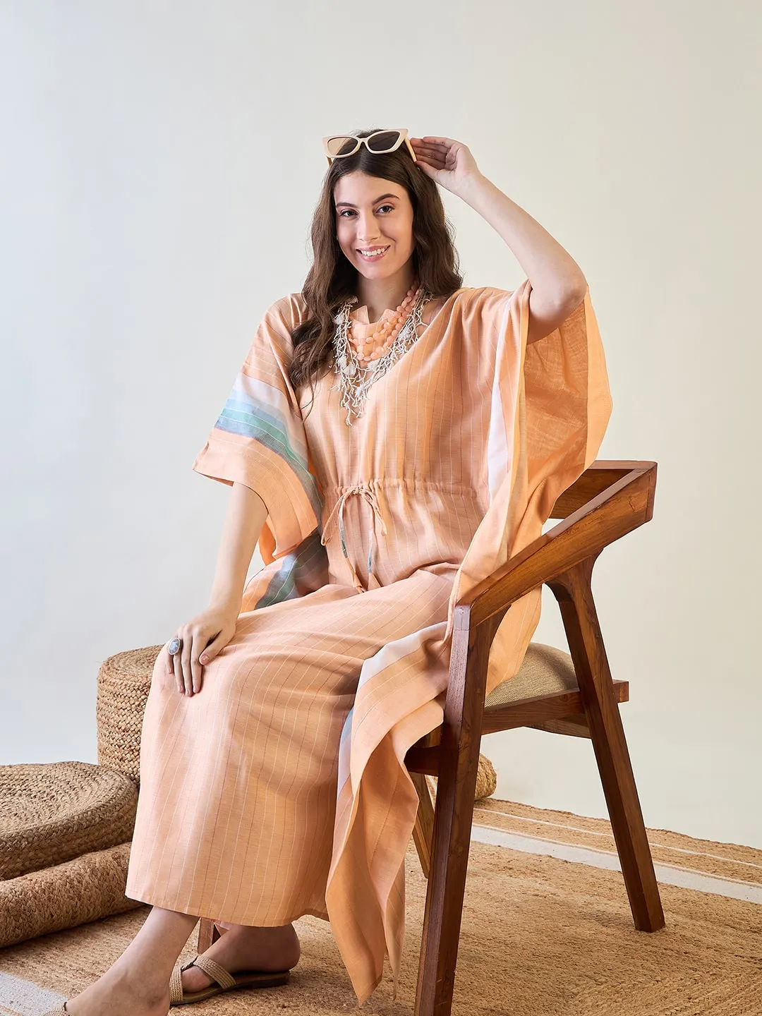 Peach Striped Cotton Kaftan with Tassel Detail