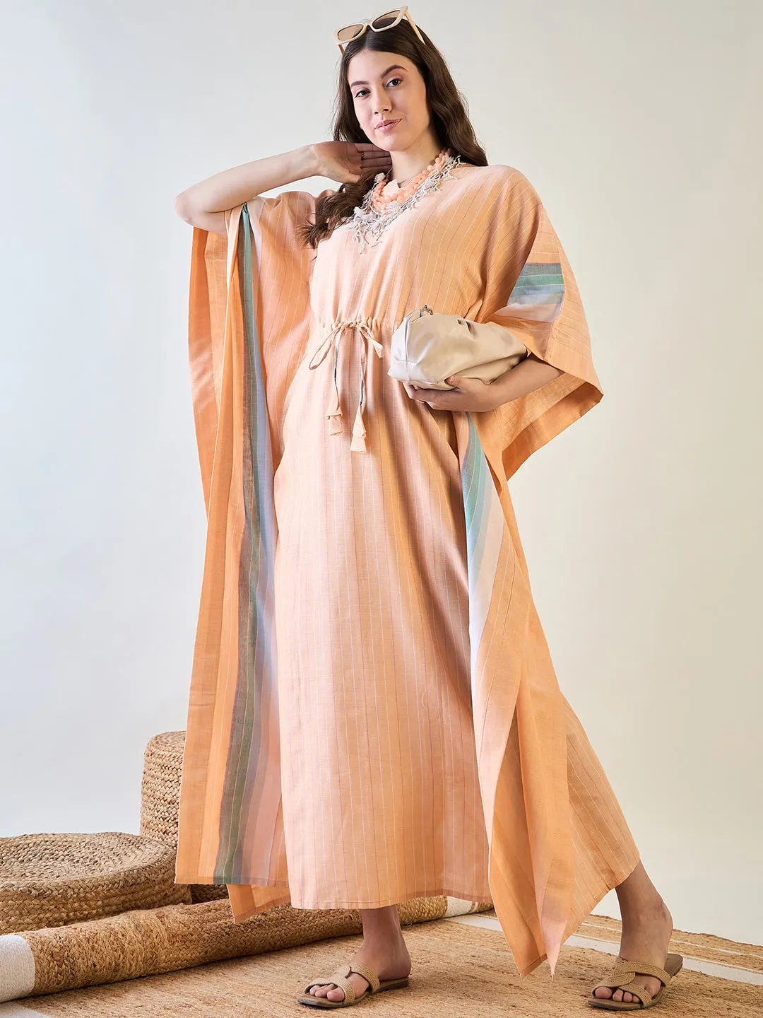Peach Striped Cotton Kaftan with Tassel Detail