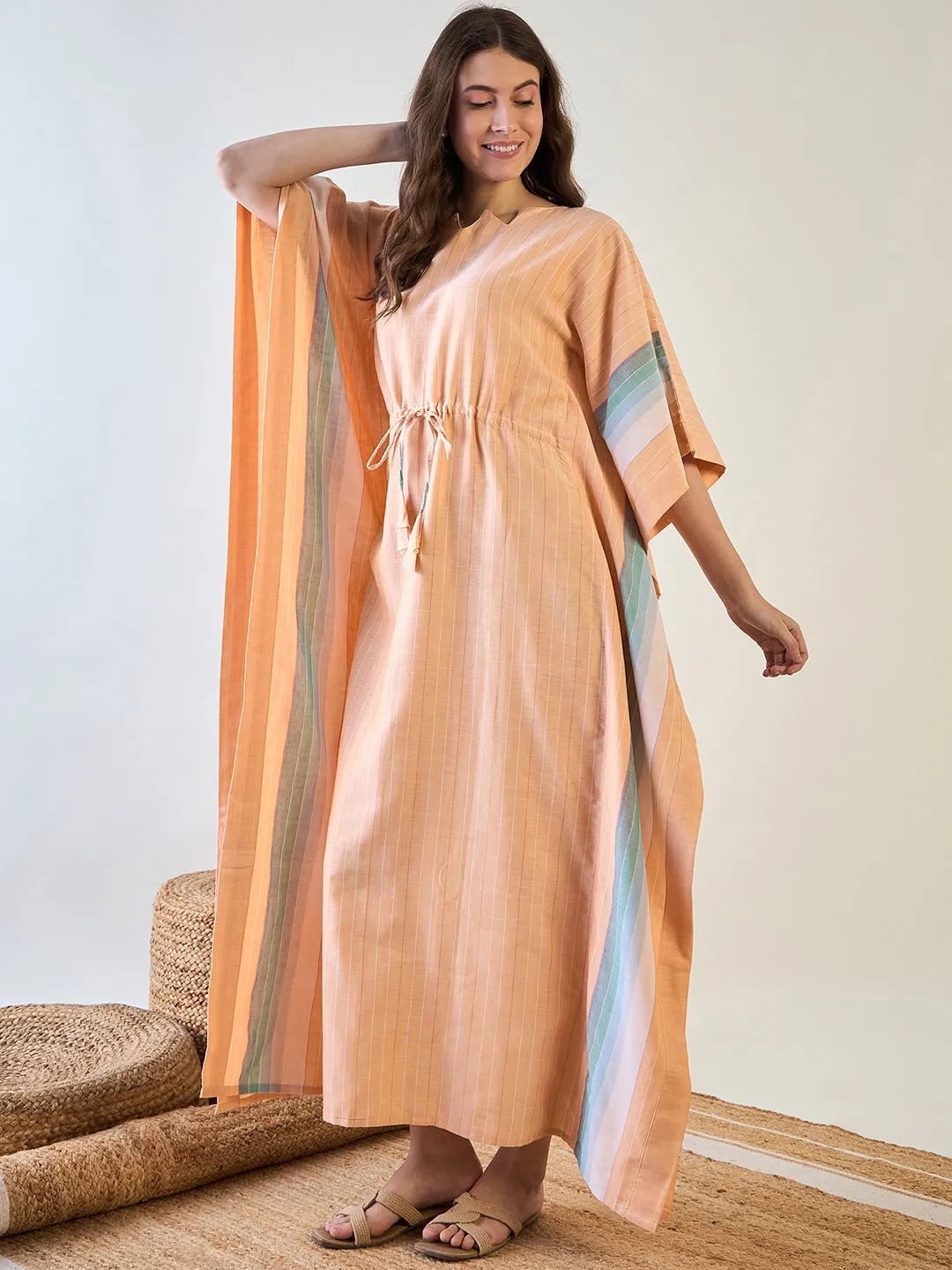 Peach Striped Cotton Kaftan with Tassel Detail