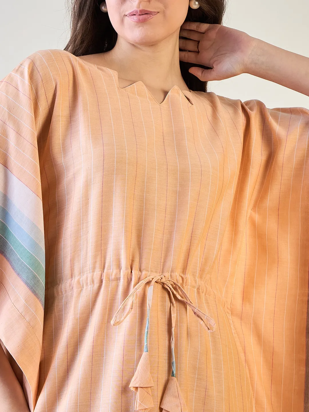 Peach Striped Cotton Kaftan with Tassel Detail