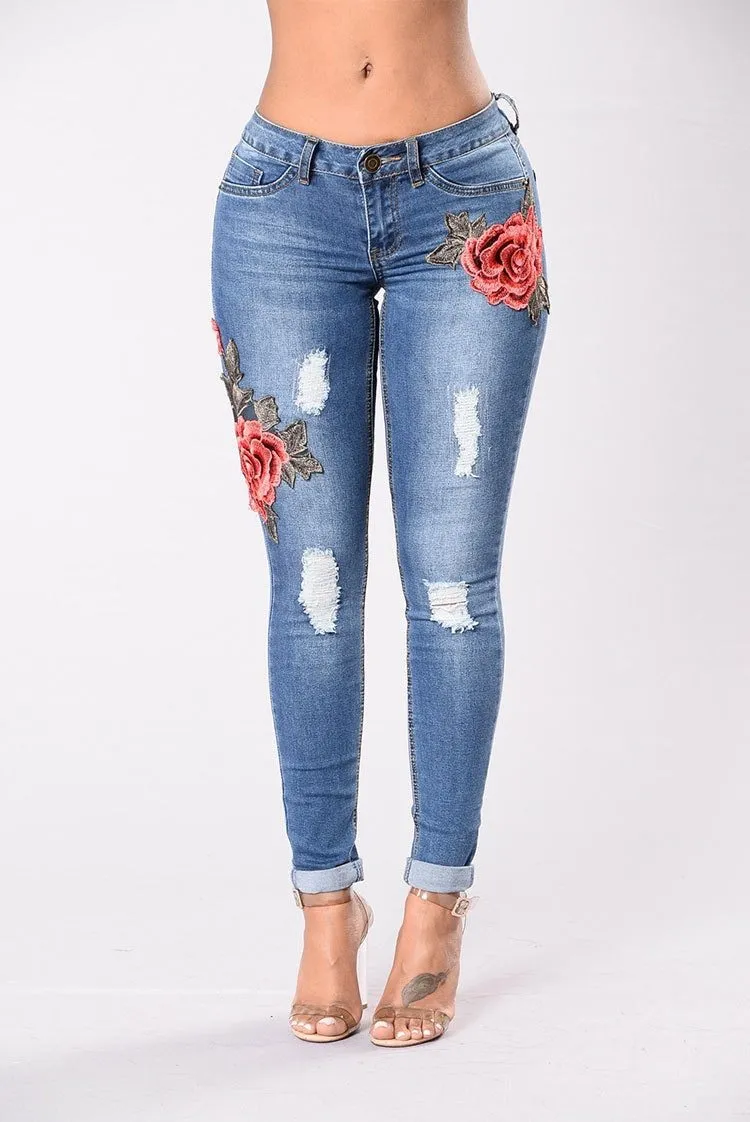 Ripped Rose-Embroided Denim Pants
