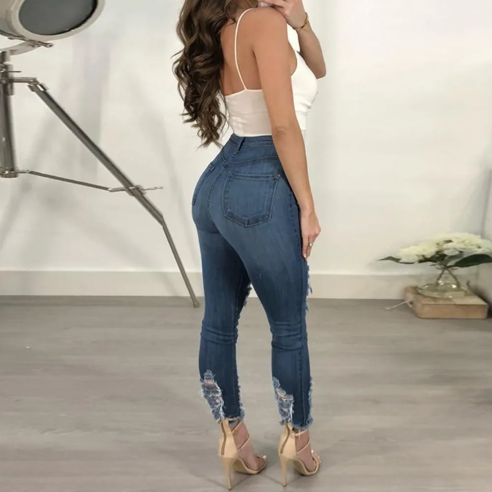 Ripped Slim Long Hole Pencil Style Denim Jeans