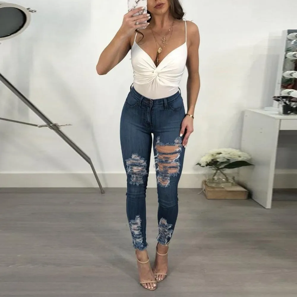 Ripped Slim Long Hole Pencil Style Denim Jeans