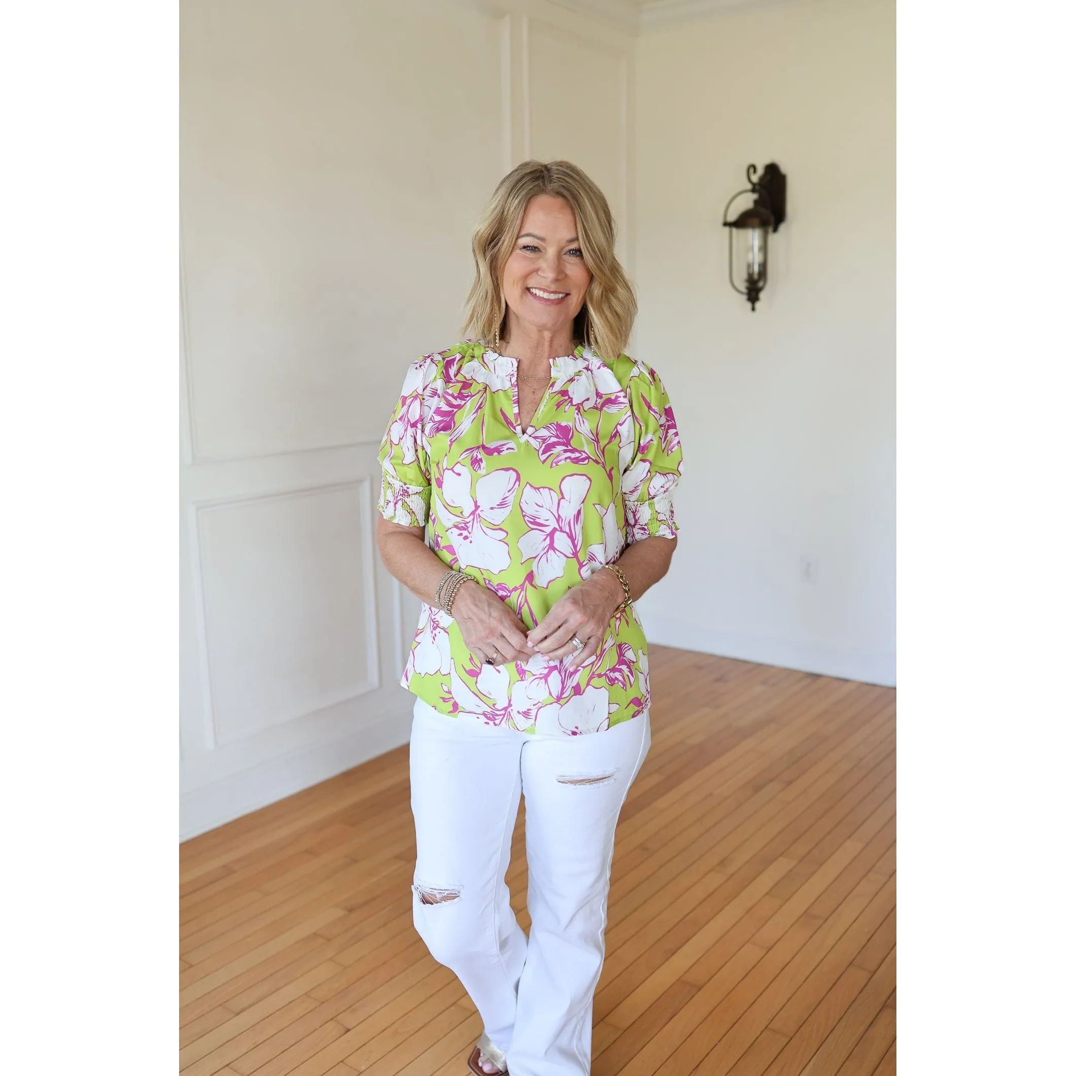 Rosalia Lime Floral Puff Sleeve Blouse
