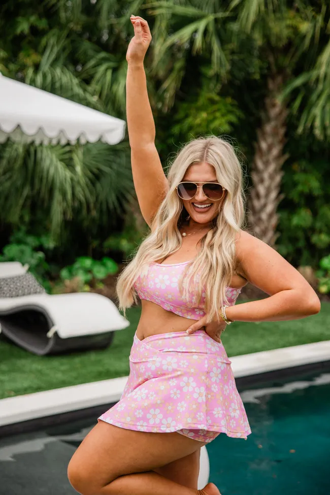 See You Poolside In Playful Petals Crossover Waist Bikini Skort