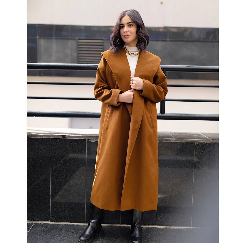 Shawl collar camel coat