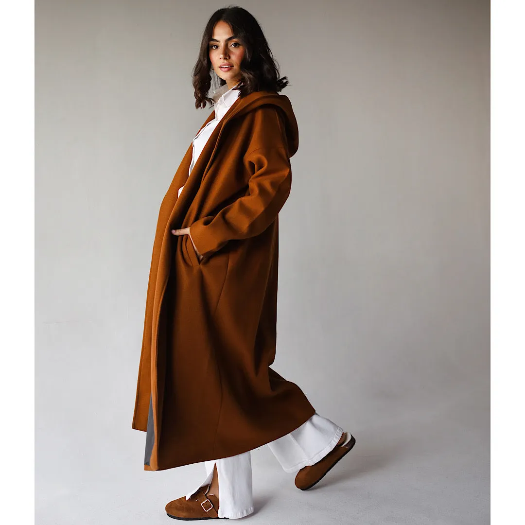 Shawl collar camel coat