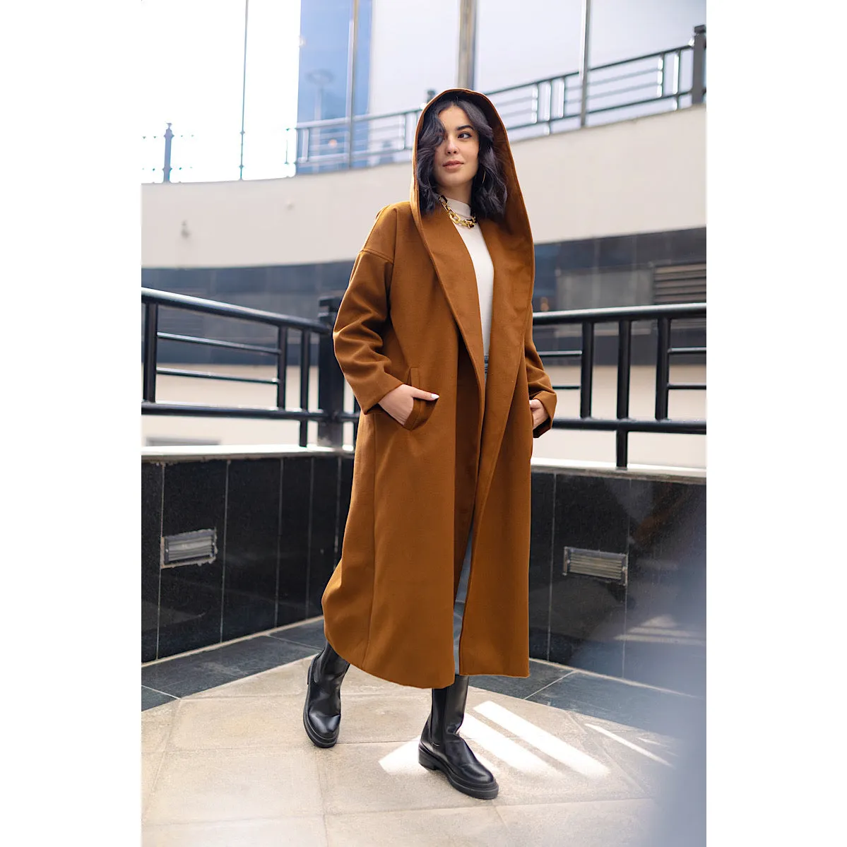 Shawl collar camel coat