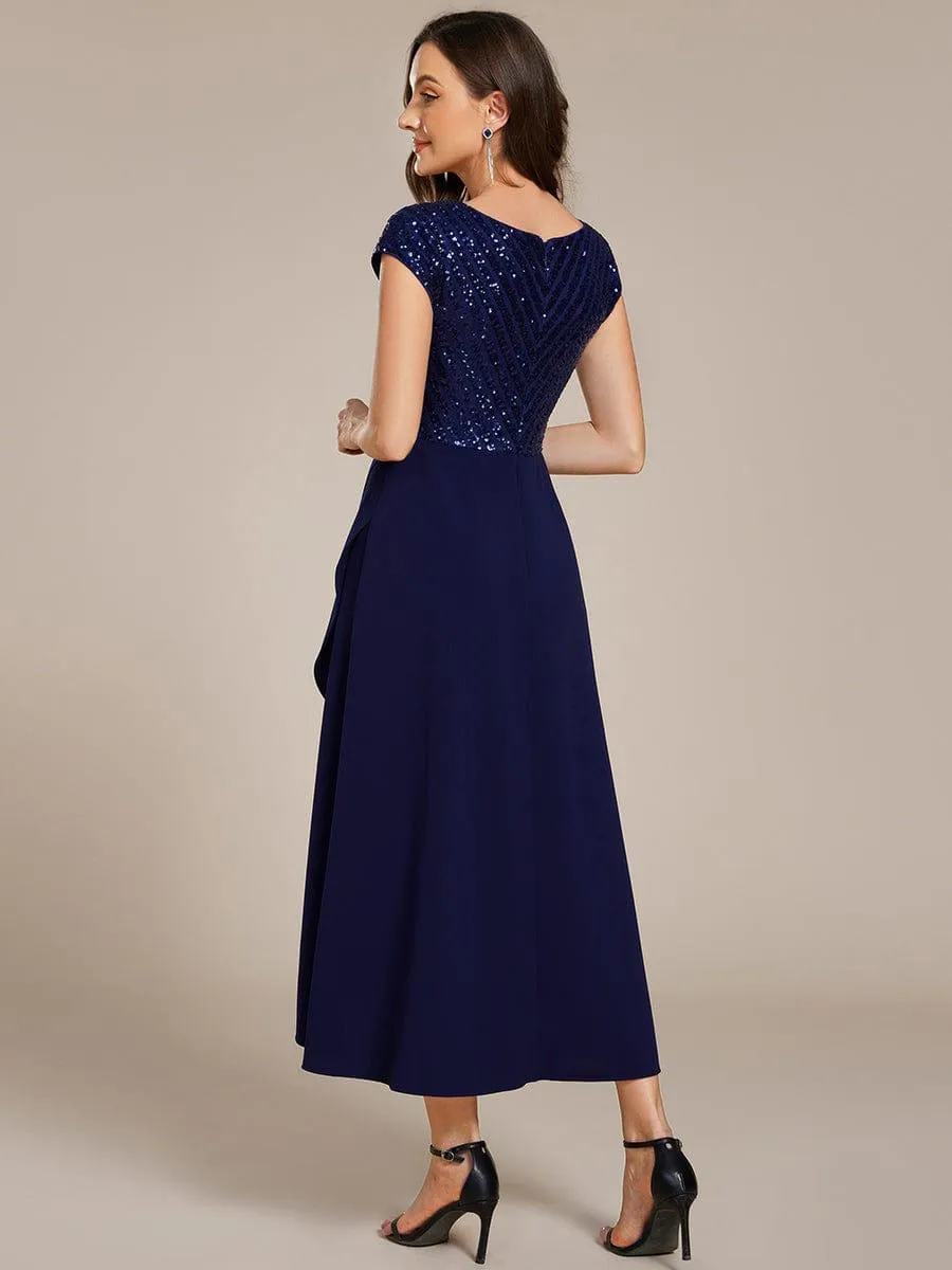 Short Sleeve V-Neck Midi Sequin Formal Dress with Chiffon
