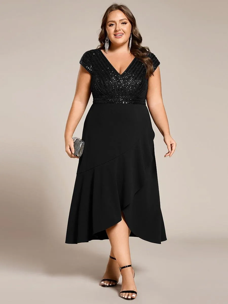 Short Sleeve V-Neck Midi Sequin Formal Dress with Chiffon
